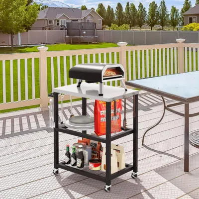 Hivvago 3-tier Foldable Outdoor Stainless Steel Food Prepare Dining Cart Table On Wheels-black