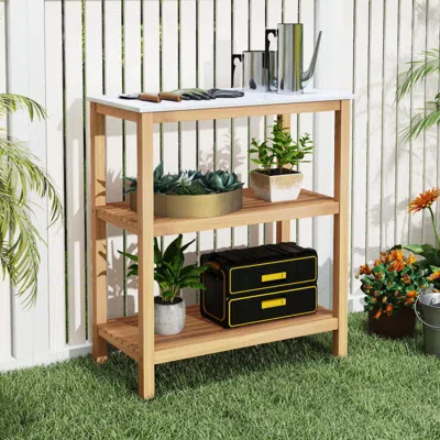 Hivvago 3-tier Garden Potting Bench Table With Marble-like Countertop In Brown