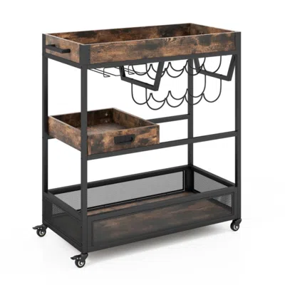 Hivvago 3-tier Industrial Buffet Serving Cart With Wine Rack In Brown