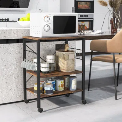Hivvago 3-tier Kitchen Baker's Rack Microwave Oven Storage Cart With Hooks-rustic Brown