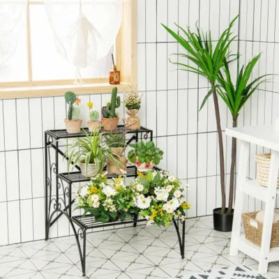 Hivvago 3-tier Metal Plant Stand With Widened Grid Shelf For Porch Garden-black In White