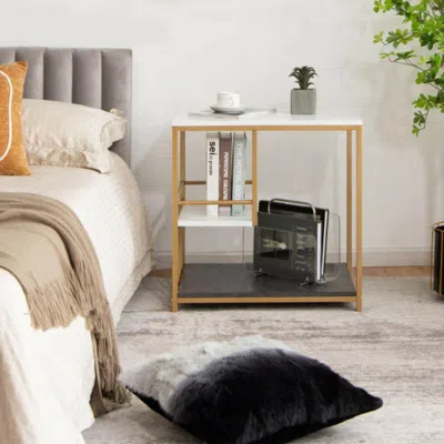 Hivvago 3-tier Multi-function Marble End Table With Storage Shelf-golden