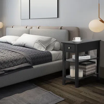 Hivvago 3-tier Nightstand Bedside Table Sofa Side With Double Shelves Drawer-black