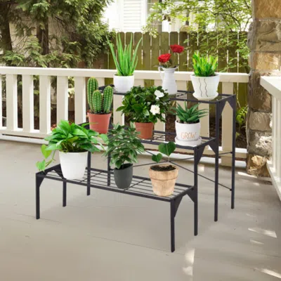 Hivvago 3 Tier Outdoor Metal Heavy Duty Modern For Multiple Plant Display Stand Rack In Black