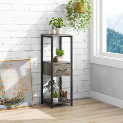 Hivvago 3 Tier Tall Metal Plant Stand With Drawer For Balcony Office-gray In Brown