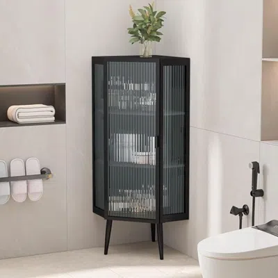 Hivvago 3-tier Tempered Glass Floor Corner Cabinet For Bathroom, Living Room, And Bedroom In Black