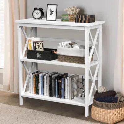 Hivvago 3-tier Wooden Multi-functional X-design Etagere Storage Bookshelf-white