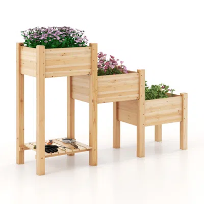 Hivvago 3-tier Wooden Raised Garden Bed With Open Storage Shelf-natural In Brown