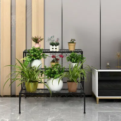 Hivvago 3 Tiers Metal Decorative Plant Stand In Black