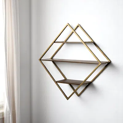 Hivvago 30" Antiqued Brass And Brown Metal And Solid Wood Diamond Shaped Accent Shelf In Gold