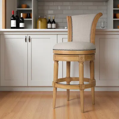 Hivvago 30" Beige And Natural Fabric And Solid Wood Bar Height Swivel Bar Chair In White