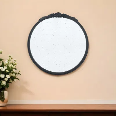 Hivvago 30" Black Crowned Top Antiqued Glass Round Framed Accent Mirror In White