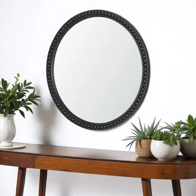 Hivvago 30" Black Solid Wood Beaded Round Framed Accent Mirror
