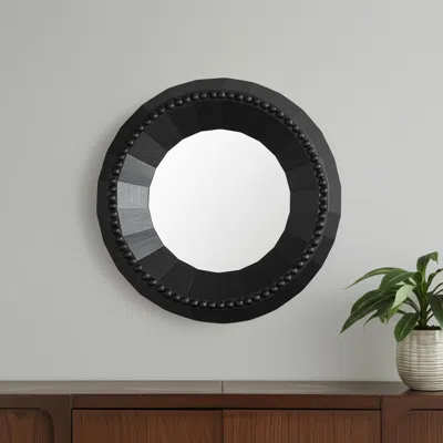 Hivvago 30" Black Solid Wood Faceted And Beaded Round Framed Accent Mirror