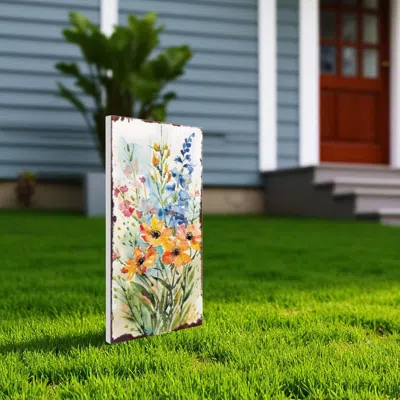 Hivvago 30" Blue Pink White And Yellow Solid Wood Watercolor Floral Garden Stake