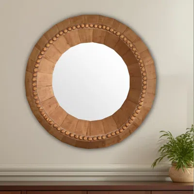 Hivvago 30" Brown Solid Wood Faceted And Beaded Round Framed Accent Mirror