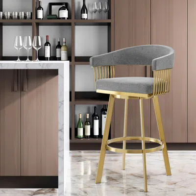 Hivvago 30" Gray And Gold Fabric And Stainless Steel Low Back Bar Height Swivel Bar Chair