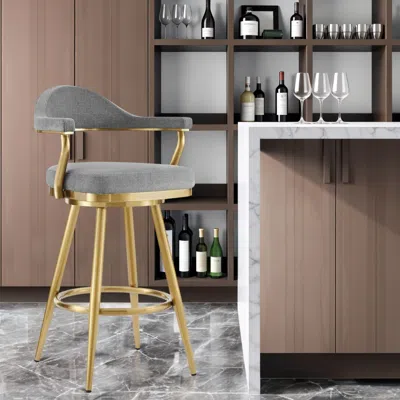 Hivvago 30" Gray And Gold Fabric And Stainless Steel Low Back Bar Height Swivel Bar Chair