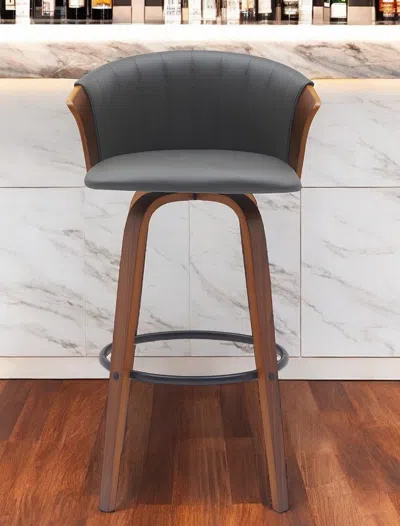 Hivvago 30" Gray And Wood Brown Faux Leather Swivel Bar Height Bar Chair
