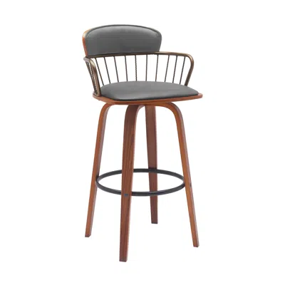 Hivvago 30" Gray And Wood Brown Faux Leather Swivel Low Back Bar Height Bar Chair
