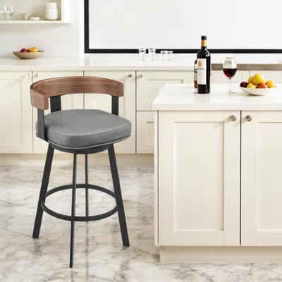 Hivvago 30" Gray Brown And Black Faux Leather And Iron Low Back Bar Height Swivel Bar Chair