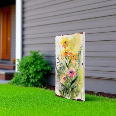 Hivvago 30" Green Pink White And Yellow Solid Wood Wildflowers Garden Stake