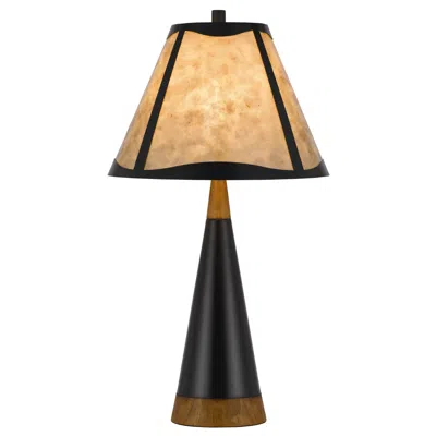 Hivvago 30 Inch 3 Way Table Lamp, Beige Mica Shade, Rubberwood And Black Metal Body