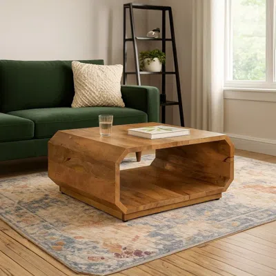 Hivvago 30 Inch Coffee Table, Handcrafted Hollow Cube Shape, Natural Brown Mango Wood