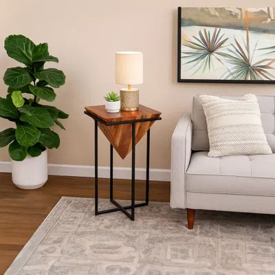 Hivvago 30 Inch Pyramid Shape Wooden Side Table With Cross Metal Base, Brown And Black
