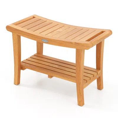 Hivvago 30 Inches Large Teak Shower Stool With Storage Shelf And Non-slip Footpads