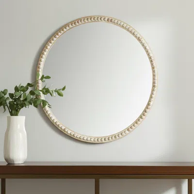 Hivvago 30" Natural Solid Wood Beaded Round Framed Accent Mirror In Neutral