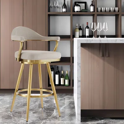Hivvago 30" Taupe And Gold Fabric And Stainless Steel Bar Height Swivel Bar Chair In Neutral