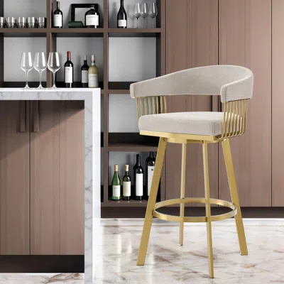 Hivvago 30" Taupe And Gold Fabric And Stainless Steel Low Back Bar Height Swivel Bar Chair