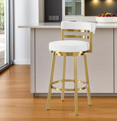 Hivvago 30" White And Gold Faux Leather And Stainless Steel Low Back Bar Height Swivel Bar Chair