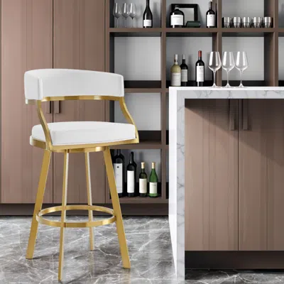Hivvago 30" White And Gold Faux Leather And Stainless Steel Low Back Bar Height Swivel Bar Chair In Gray