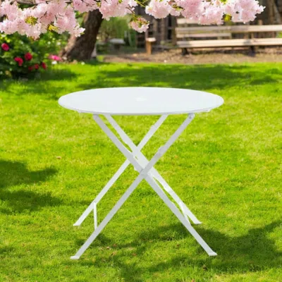 Hivvago 30" White Rounded Aluminum Folding Outdoor Bistro Table With Umbrella Hole