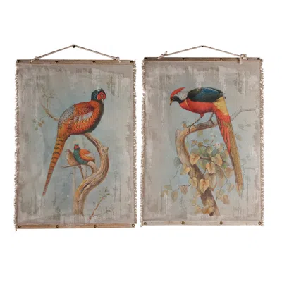 Hivvago 30 X 43 Hanging Wall Art Set Of 2, Colorful Birds, Linen, Orange, Blue In Brown