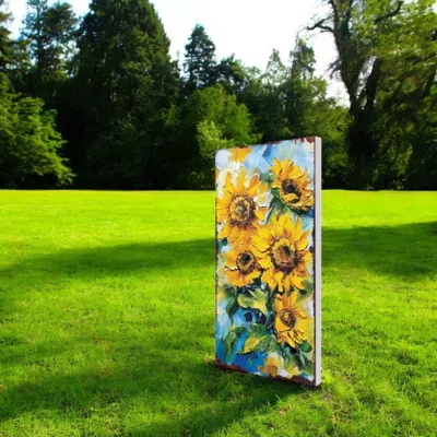 Hivvago 30" Yellow Brown And Green Solid Wood Sunflowers Garden Stake