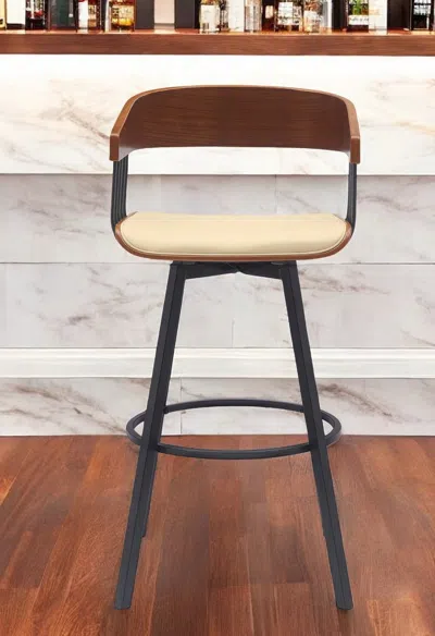 Hivvago 31" Cream And Black Faux Leather With Metal Swivel Bar Height Bar Chair In Brown