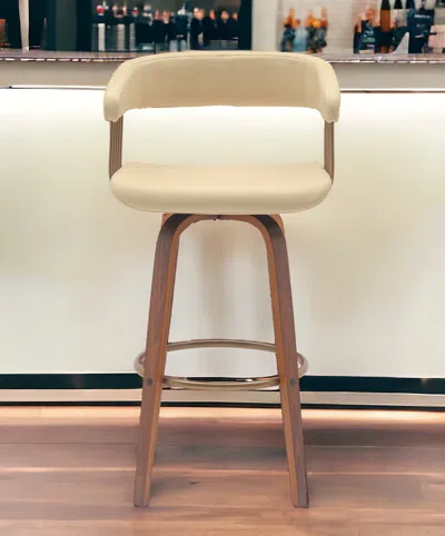Hivvago 31" Cream And Wood Brown Faux Leather Swivel Bar Height Bar Chair In Neutral