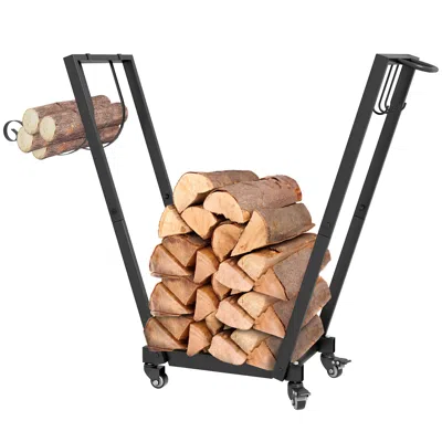 Hivvago 31" Firewood Rack With Wheels And Hooks For Tools & Kindling In Brown