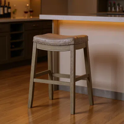 Hivvago 31" Gray And Cool Gray Faux Leather And Solid Wood Backless Bar Height Bar Chair In Brown