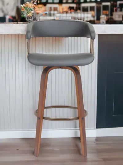 Hivvago 31" Gray And Wood Brown Faux Leather Swivel Bar Height Bar Chair