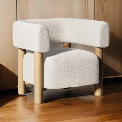 Hivvago 31 Inch Accent Chair, Modern Brown Wood Frame, White Fabric Upholstery