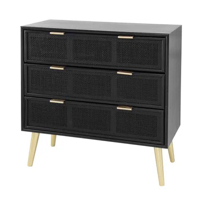 Hivvago 31 Inch Dresser Chest Cabinet, 3 Drawers, Woven Rattan, Modern, Black, Gold