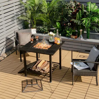 Hivvago 31 Inch Outdoor Fire Pit Dining Table With Cooking Bbq Grate In Gray