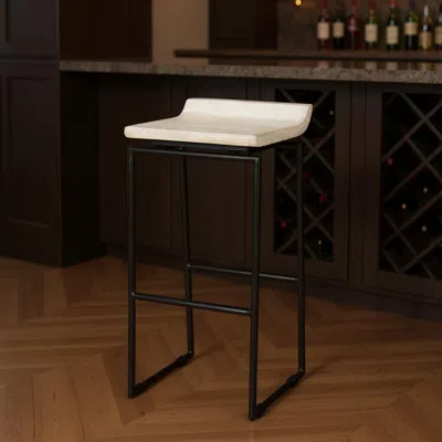 Hivvago 31" Natural And Black Solid Wood And Metal Low Back Bar Height Bar Chair In White