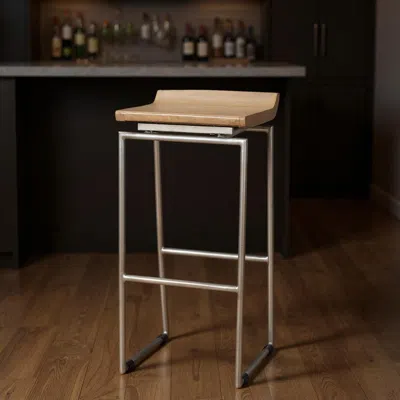 Hivvago 31" Natural And Silver Solid Wood And Iron Low Back Bar Height Bar Chair In Brown