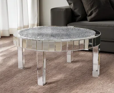 Hivvago 31" Silver Mirrored Glass And Faux Crystal Round Coffee Table In Metallic