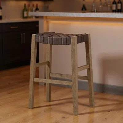 Hivvago 31" Stone And Gray Faux Leather And Solid Wood Backless Bar Height Bar Chair In Brown